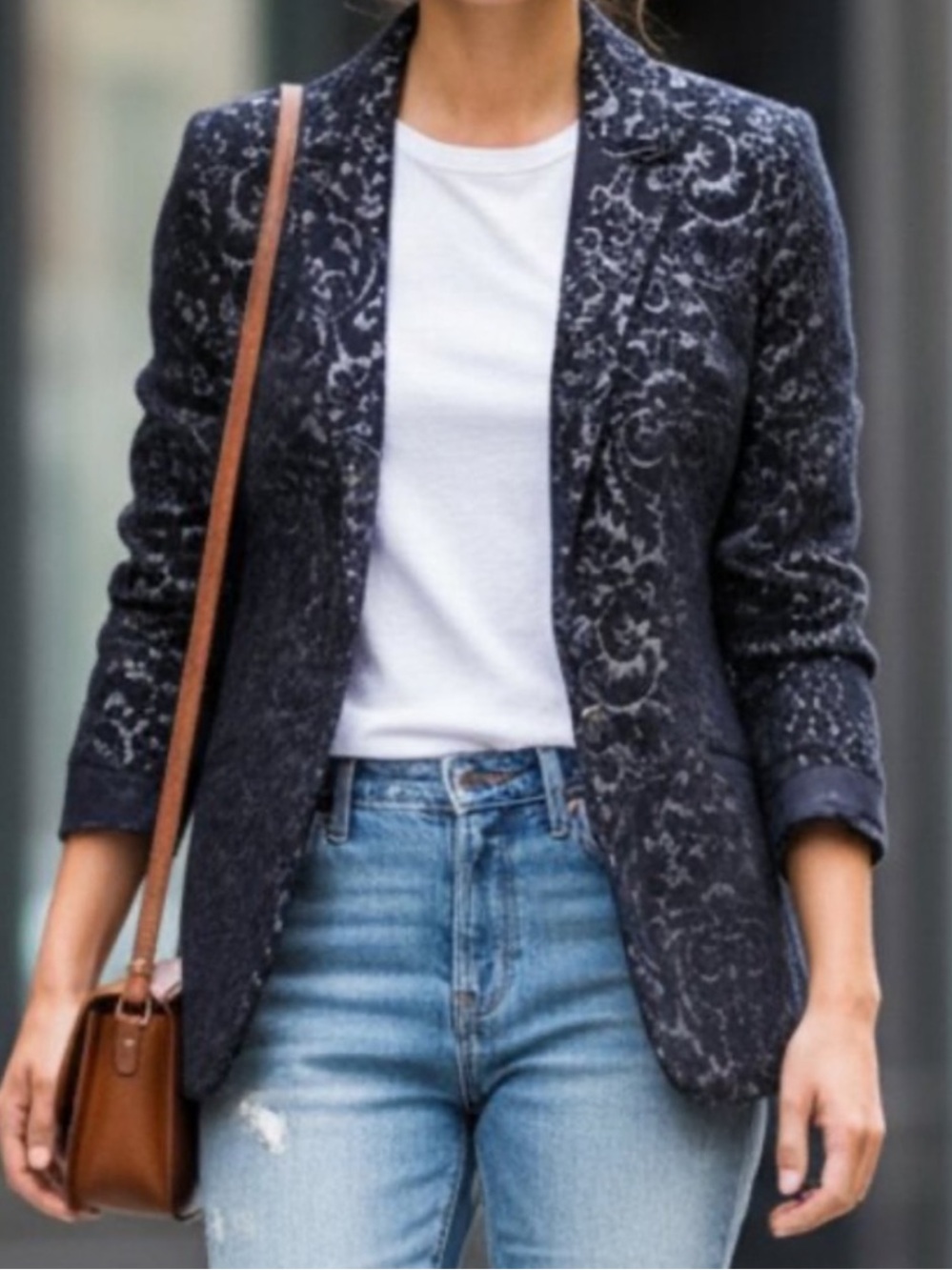 CABI Anthropologie Navy Blue Wool Blend Jacquard Blazer Jacket New Size 12